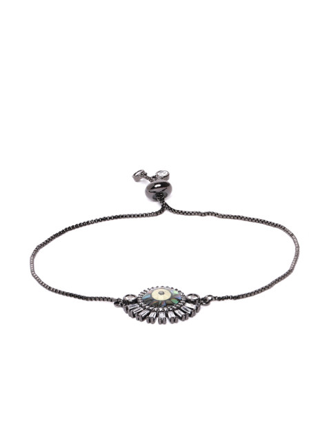 

DIVA WALK EXCLUSIVE Gunmetal-Toned & Green CZ-Studded Evil Eye Shaped Charm Handcrafted Bracelet, Metallic