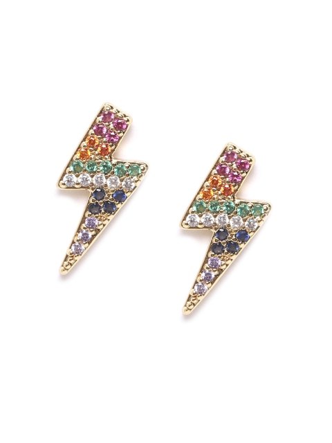 

DIVA WALK EXCLUSIVE Multicoloured Gold-Plated CZ-Studded Handcrafted Lightning-Shaped Studs, Multi