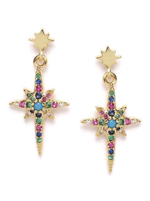 

ELLE Multicoloured Gold-Plated CZ-Studded Handcrafted Contemporary Drop Earrings, Multi