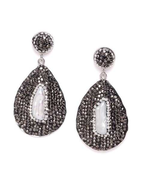 

ELLE Charcoal Grey & White Silver-Plated CZ Studded Teardrop Shaped Drop Earrings