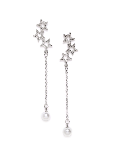 

DIVA WALK EXCLUSIVE White Silver-Plated CZ Studded & Beaded Handcrafted Star Shaped Drop earrings