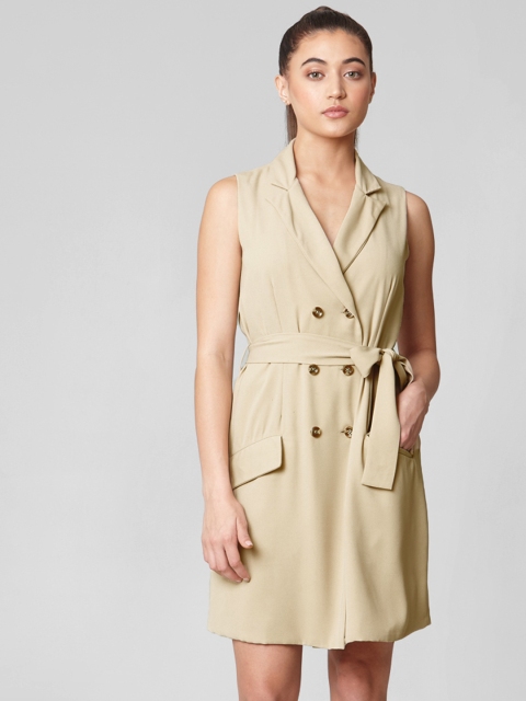 

Vero Moda Women Beige Solid Sheath Dress With Waist Tie-ups