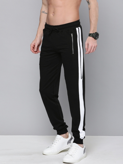 

HERE&NOW Men Black Solid Regular Fit Joggers With Side Stripes, Navy blue