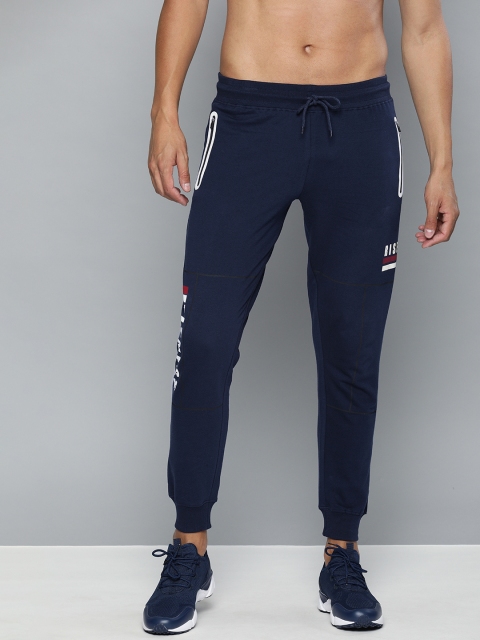 

HERE&NOW Men Navy Blue Straight Fit Solid Joggers with Printed Detailing