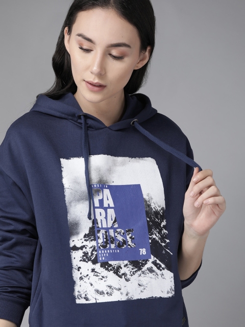 

Roadster Women Navy Blue & White Antiviral Finish Printed Hooded Sweatshirt