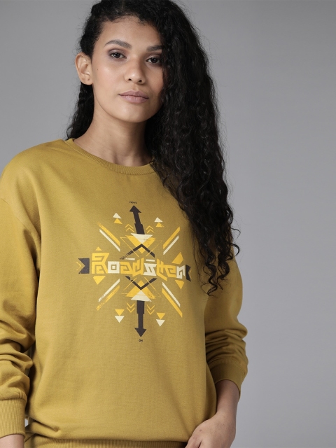 

Roadster Women Olive Green & Coffee Brown Antiviral Protective Finish Printed Sweatshirt