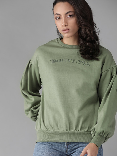 

Roadster Women Green Solid Sweatshirt With Printed Detail