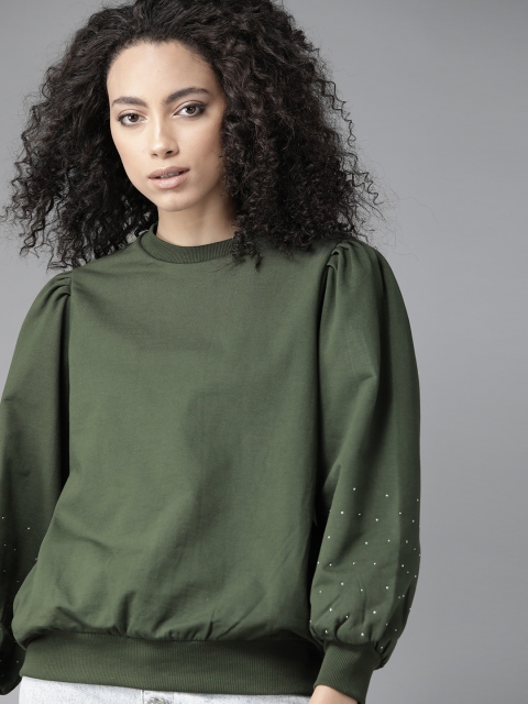 

Roadster Women Olive Green Solid Puff Sleeves Sweatshirt
