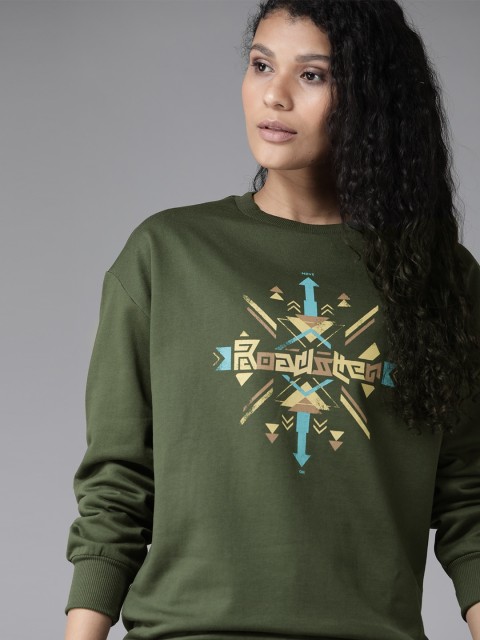 

Roadster Women Olive Green & Yellow Antiviral Protective Finish Printed Sweatshirt