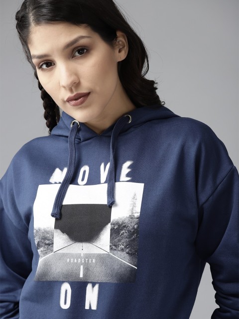 

Roadster Women Navy Blue & White Printed Hooded Sweatshirt