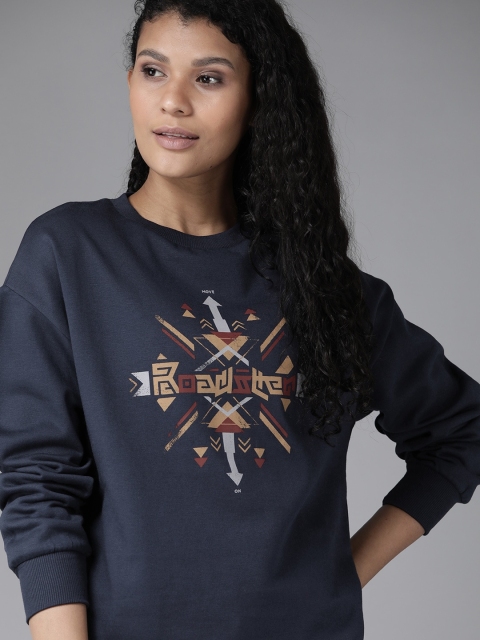 

Roadster Women Navy Blue & Grey Antiviral Protective Finish Printed Sweatshirt