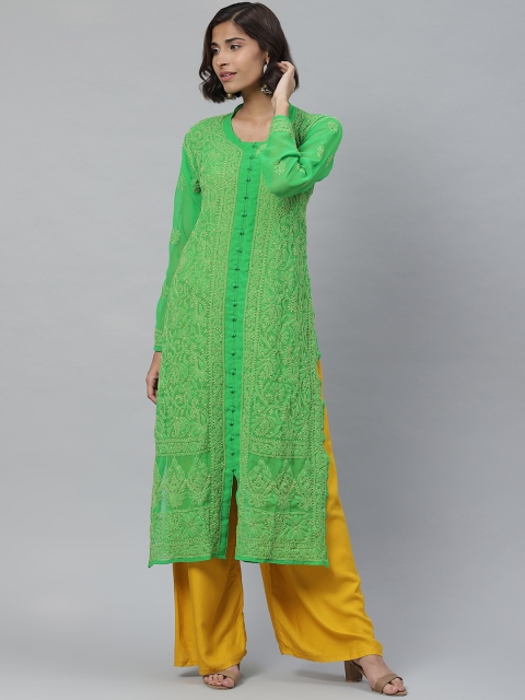 

ADA Women Green & Beige Chikankari Embroidered Straight Sustainable Kurta