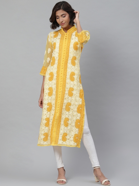 

ADA Women Yellow & White Paisley Chikankari Embroidered Straight Sustainable Kurta