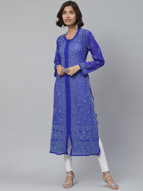 

ADA Women Navy Blue Floral Chikankari Embroidered Straight Sustainable Kurta