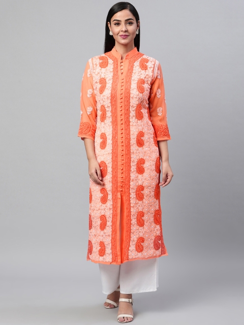 

ADA Women Orange & White Chikankari Embroidered Straight Sustainable Kurta