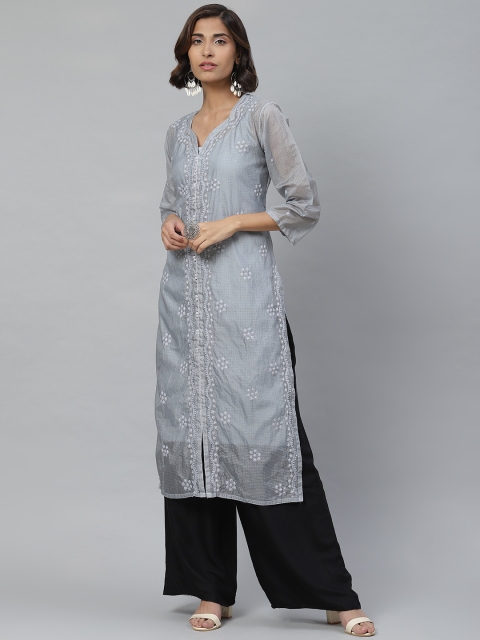

ADA Women Grey Chikankari Embroidered Straight Sustainable Kota Kurta