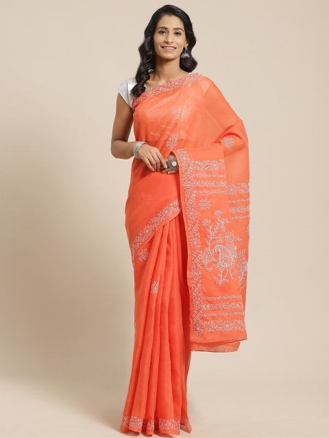 

ADA Coral Orange & White Chikankari Embroidered Sustainable Saree