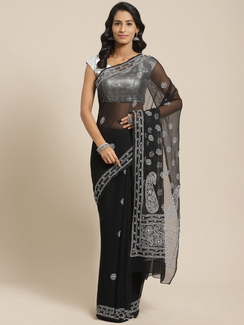 

ADA Black & White Poly Georgette Chikankari Work Embroidered Saree
