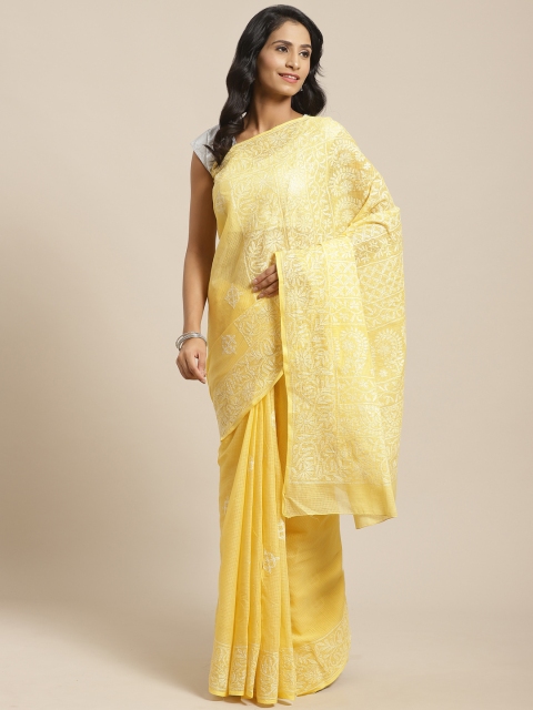 

ADA Yellow & White Chikankari Embroidered Sustainable Kota Saree