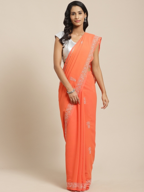 

ADA Orange & White Chikankari Embroidered Saree