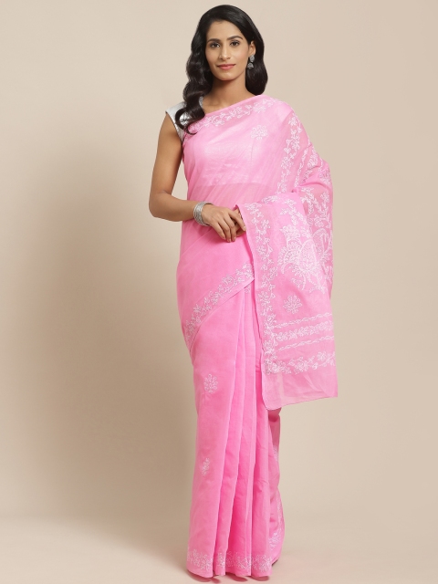 

ADA Pink & White Pure Cotton Chikankari Work Embroidered Sustainable Saree