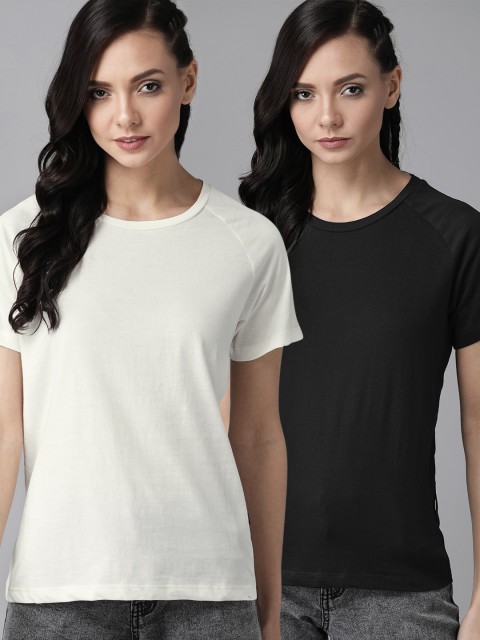 

Roadster Women Pack of 2 Solid Pure Cotton Round Neck T-shirts, White