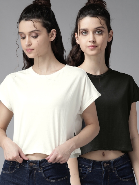 

Roadster Women Pack of 2 Solid Round Neck Cropped Pure Cotton T-shirts, Black