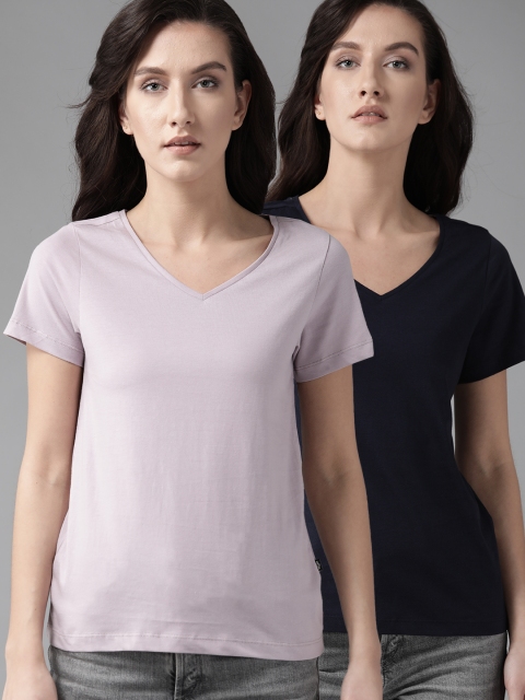 

Roadster Women Pack Of 2 V-Neck Cotton Pure Cotton T-shirts, Lavender