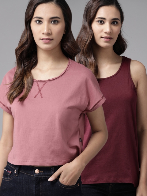

Roadster Women Pack Of 2 Solid Pure Cotton T-shirts, Mauve