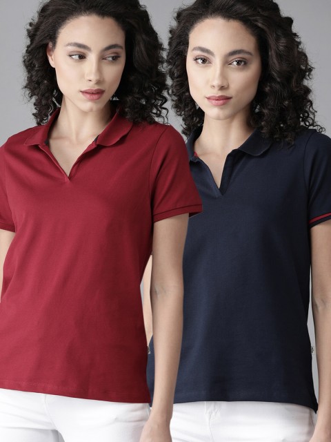 

Roadster Women Pack of 2 Solid Polo Collar T-shirts, Navy blue