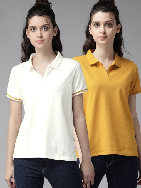 

Roadster Women Pack of 2 Solid Spread Collar T-shirts, Mustard