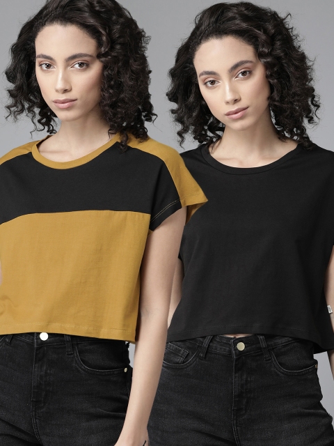 

Roadster Women Pack of 2 Round Neck Pure Cotton T-shirts, Black