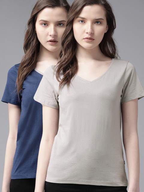 

Roadster Women Pack of 2 Solid Pure Cotton V-Neck Pure Cotton T-shirts, Grey