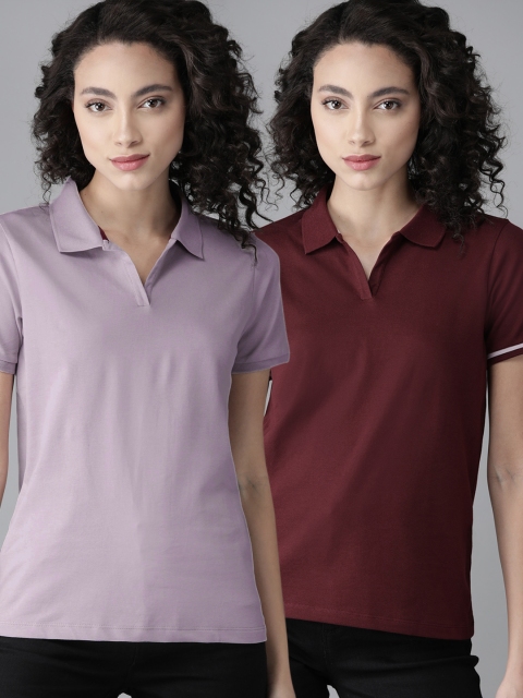 

Roadster Women Maroon Lavender Pack of 2 Solid Pure Cotton T-shirts