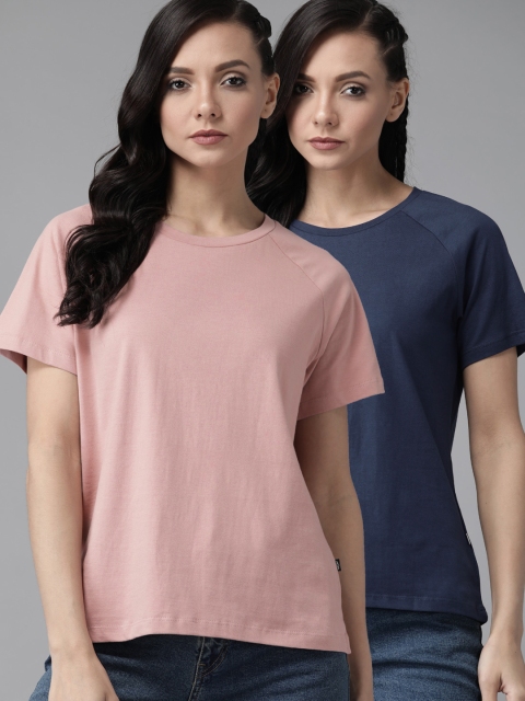 

Roadster Women Pack of 2 Solid Pure Cotton Round Neck T-shirt, Peach
