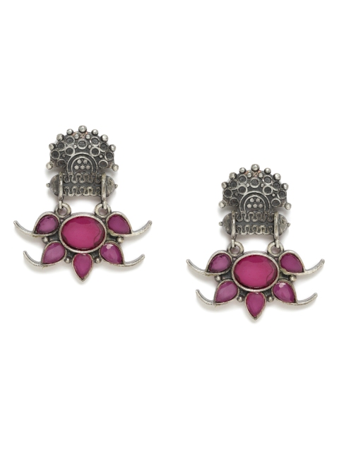 

VIDRUKARIH Silver-Plated & Pink Classic Oxidised Drop Earrings