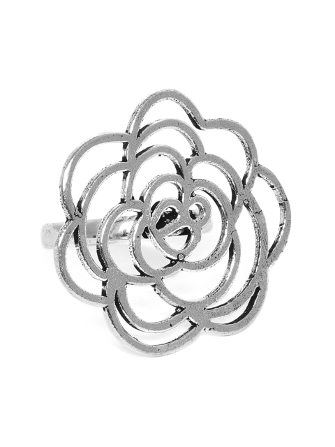 

VIDRUKARIH Silver-Plated Oxidized Floral-Shaped Adjustable Ring