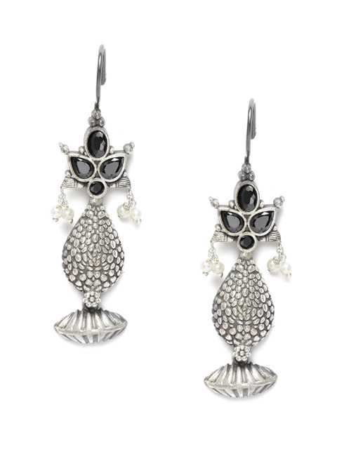 

VIDRUKARIH Silver-Toned & Black Silver Plated Quirky Drop Earrings