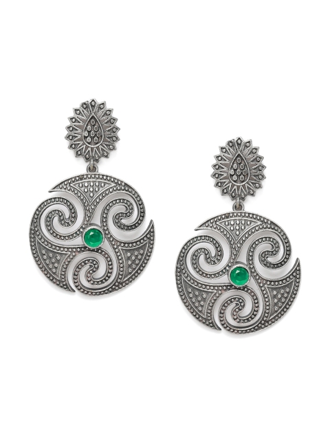 

VIDRUKARIH Silver-Toned & Green Silver Plated Circular Drop Earrings