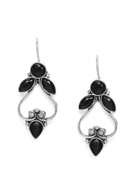 

VIDRUKARIH Black Silver-Plated Floral Oxidised Drop Earrings