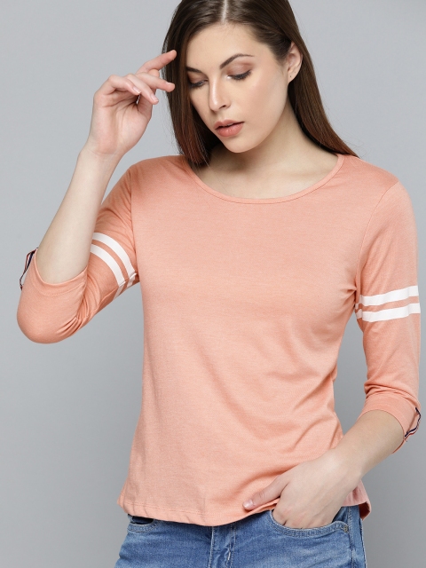 

Harvard Women Peach-Coloured Solid Round Neck T-shirt with Striped Detailing