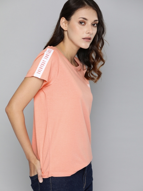 

Harvard Women Peach-Coloured Solid Round Neck T-shirt with Side Taping Sleeve