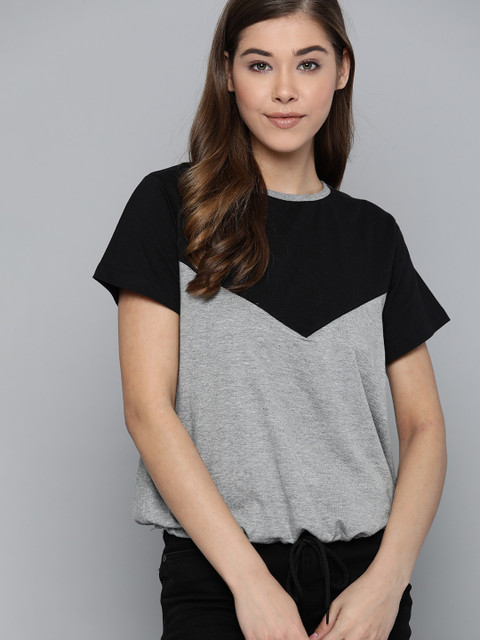 

Harvard Women Black & Grey Melange Colourblocked Cinched Waist Top