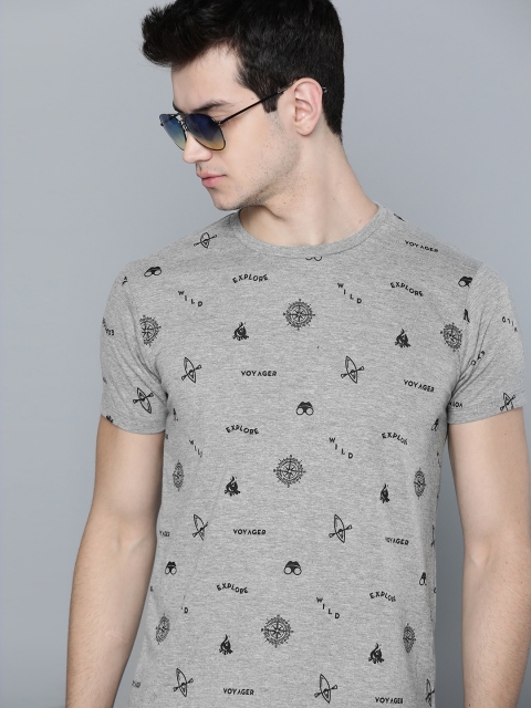 

Harvard Men Grey Melange & Black Quirky Printed Round Neck T-shirt