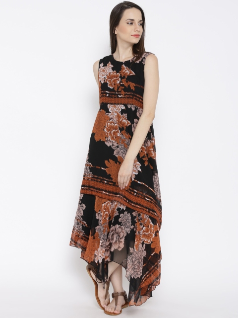 

Rain & Rainbow Black & Brown Floral Printed Polyester Maxi Dress