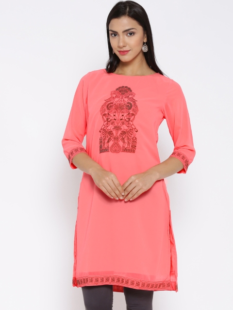 

Rain & Rainbow Coral Pink Polyester Embroidered Kurta