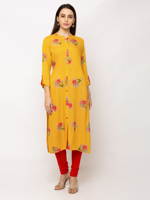 

TANKHI Women Yellow Embroidered A-Line Kurta