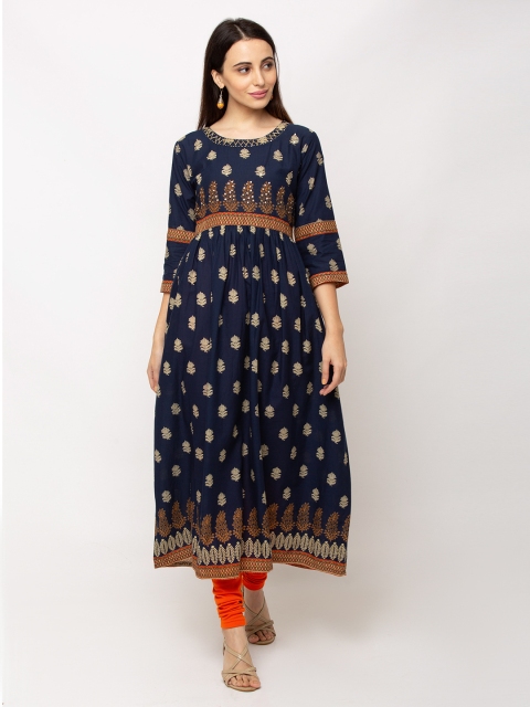 

TANKHI Women Navy Blue Printed Anarkali Kurta