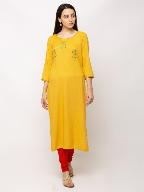 

TANKHI Women Yellow Floral Embroidered Straight Kurta