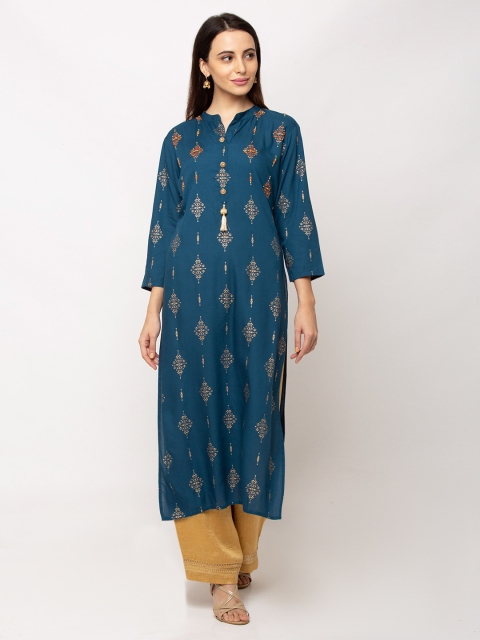 

TANKHI Women Teal Blue Embellished Straight Kurta